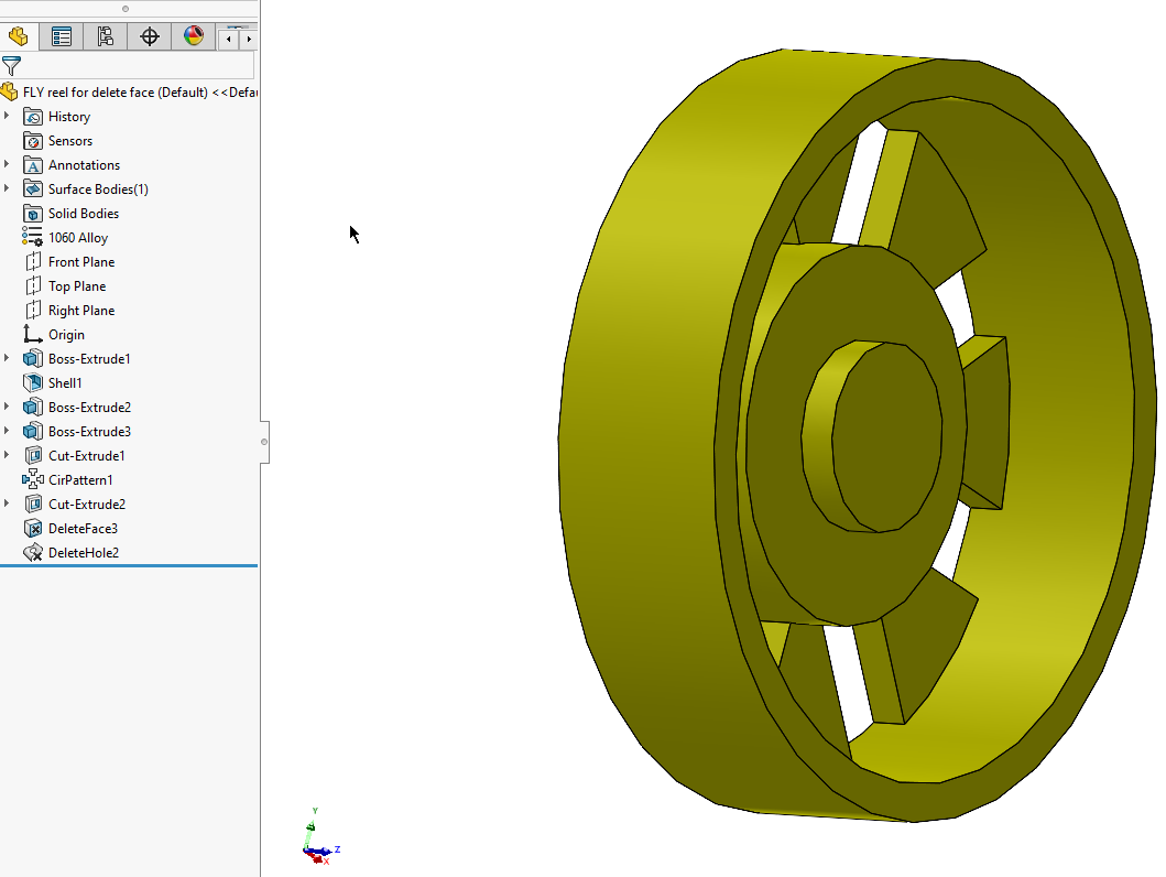 Fly reel after deleting the hole in solidworks.