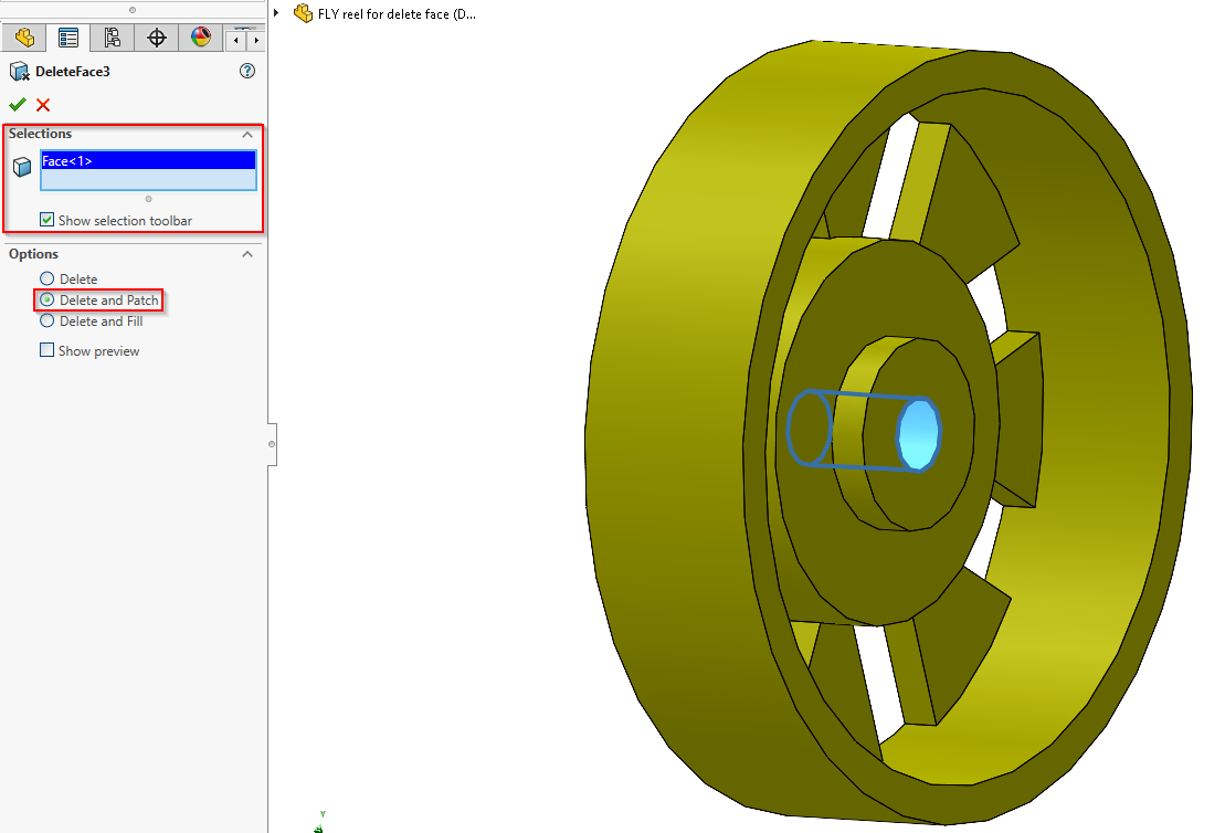 Using delete and patch to fill a hole in solidworks