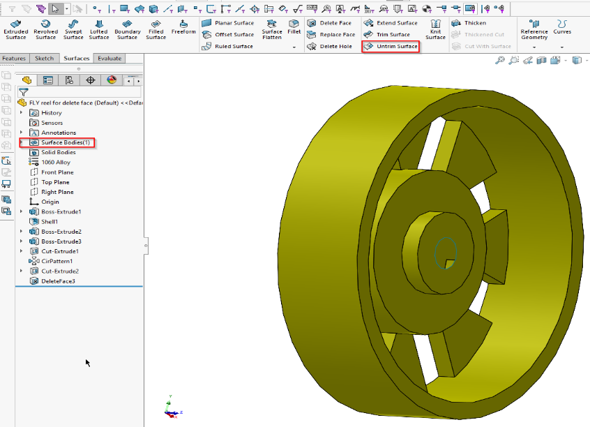 Using untrim surface to delete a hole in solidworks