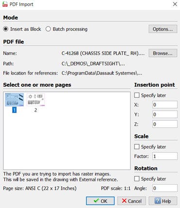 Imported PDF settings in DraftSight