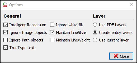 general and layer import options in DraftSight