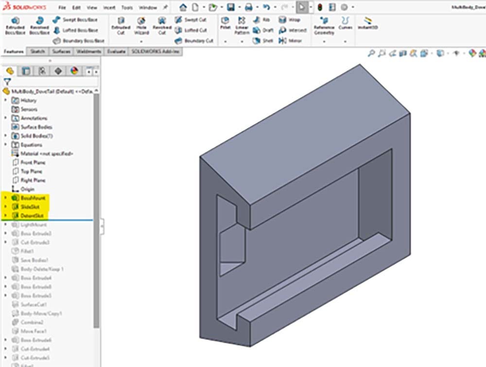 This is a 3D model of a female dovetail designed in SOLIDWORKS