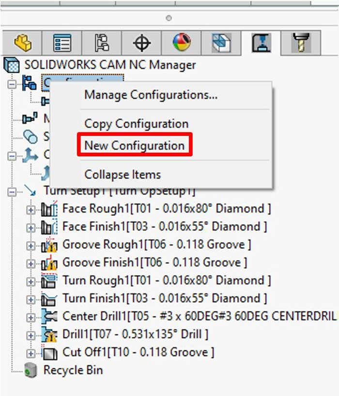 Creating a new configuration in SOLIDWORKS CAM Pro