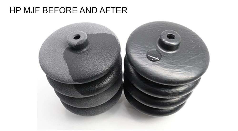 Before and after examples of HP MJF 3D printed parts with vapor smoothing