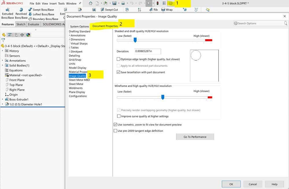 Where to find image quality settings in SOLIDWORKS