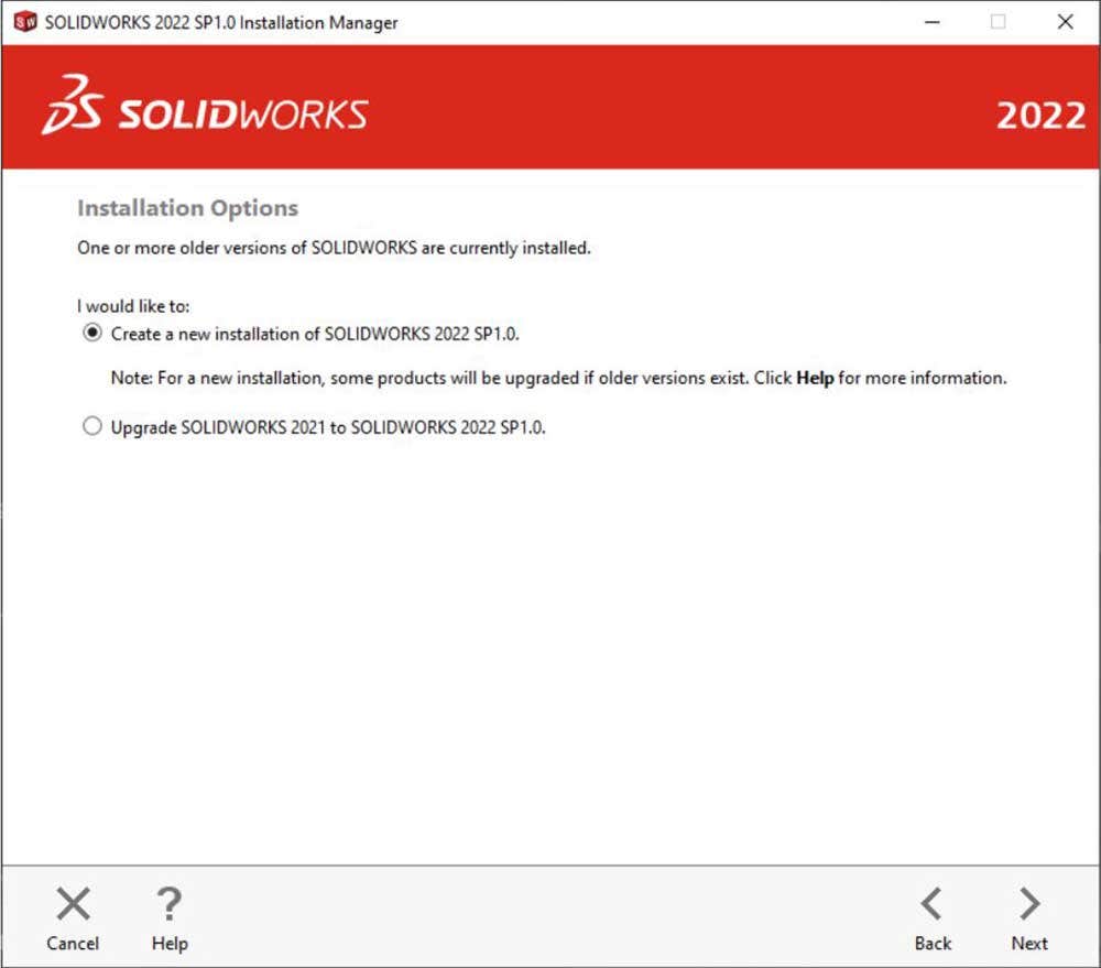 Installation options within SOLIDWORKS 2022