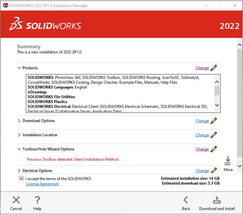 Summary of installation products in SOLIDWORKS