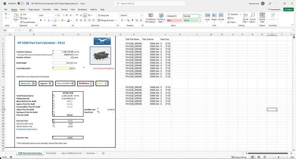 Integrated part cost calculator for your 3D print builds