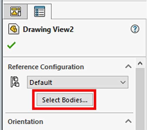 Select bodies for drawing views in SOLIDWORKS