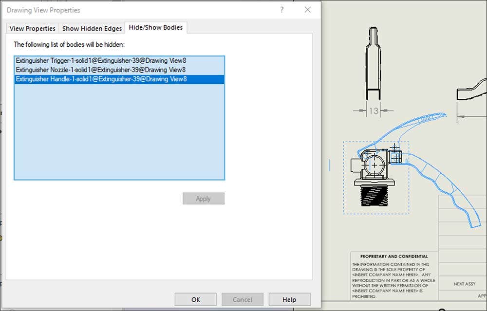 Hiding and showing bodies in SOLIDWORKS drawings