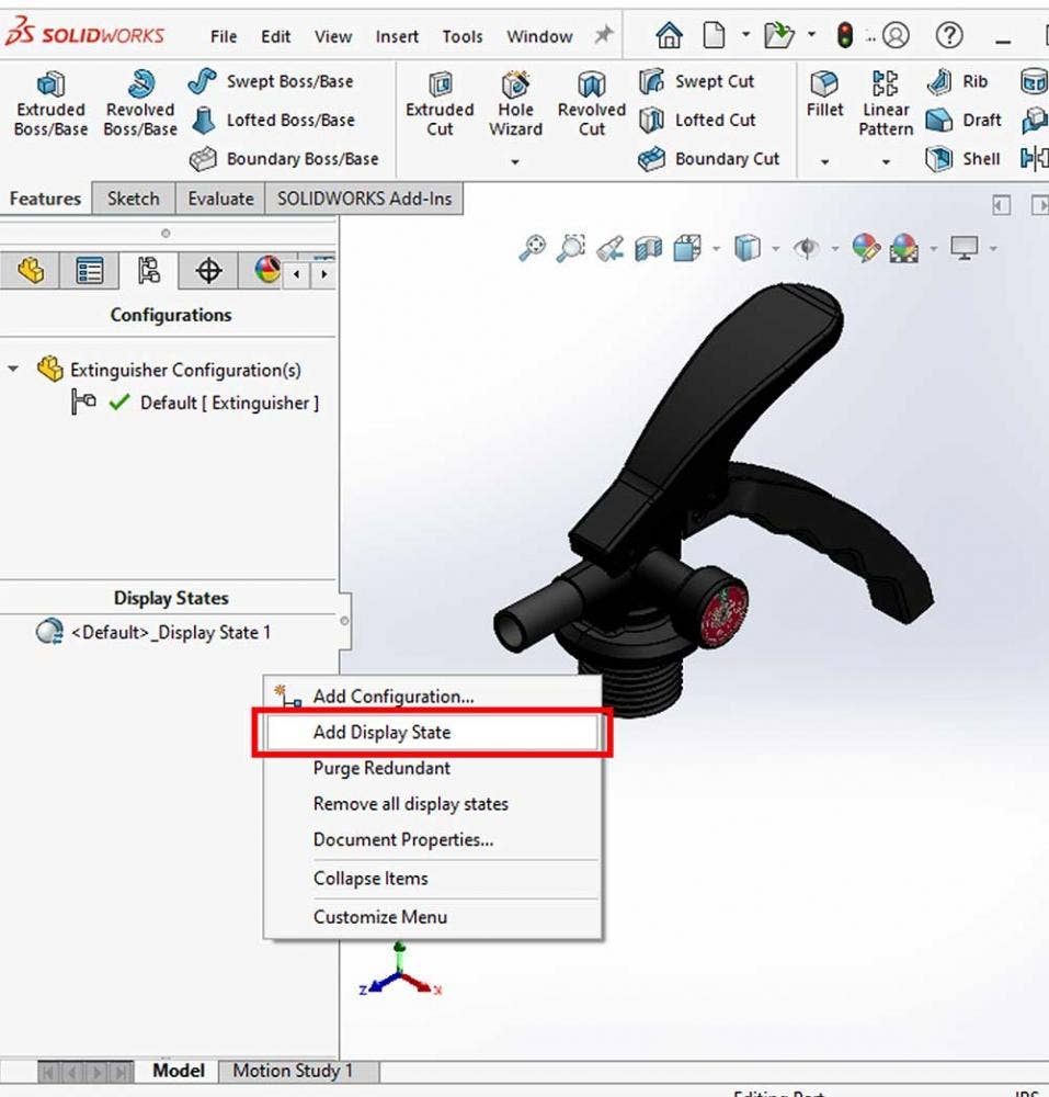 Adding a display state to a part in SOLIDWORKS drawing