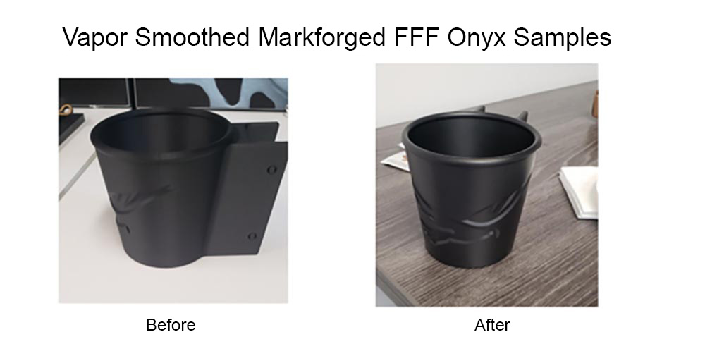 Before and after examples of Markforged FFF Onyx 3D printed parts with AMT vapor smoothing