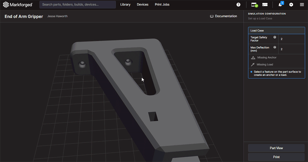 Both Anchors and Loads can be set up by selecting a part feature or surface for Markforged 3D printing