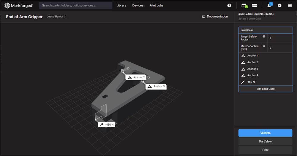 Check current print settings against the set requirements by selecting Validate in Markforged Eiger software