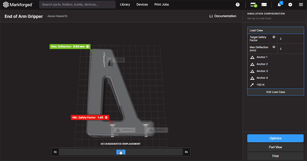 Markforged Eiger software shows users if parts meet or fail Target Safety Factor and Maximum Deflection