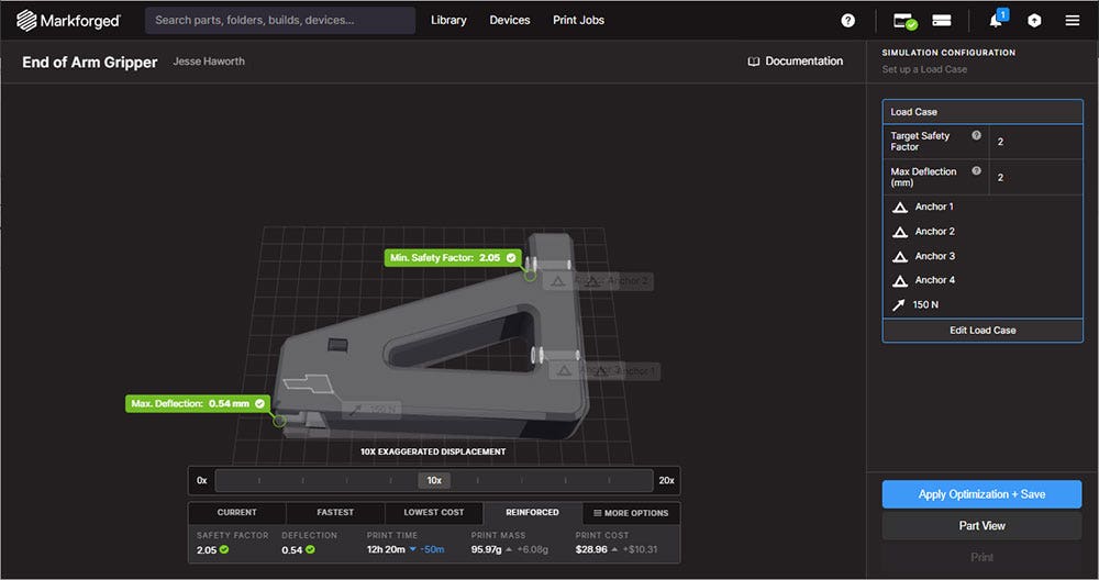 Showing how the part will perform if printed with that specific optimization in Markforged simulation