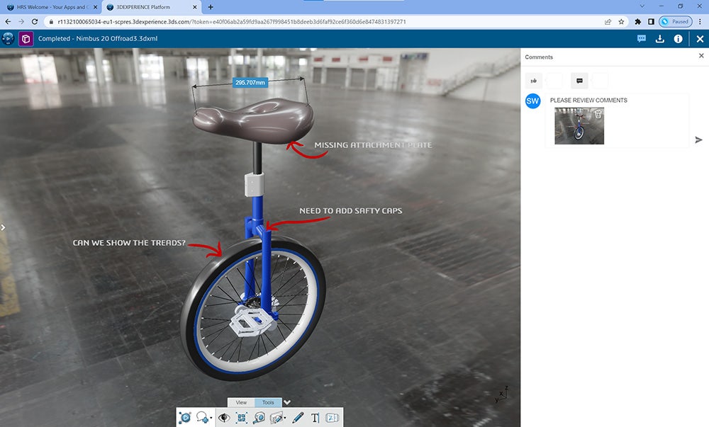 Unicycle 3D design markup and review in the cloud
