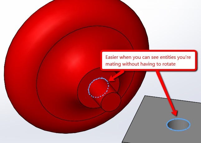 A red knob is selected to demonstrate how much easier it is to see where you are mating the objects.