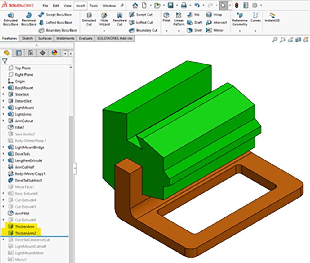 This shows the extra material ion each arm of the SOLIDWORKS 3D bike adapter model using Move Face command