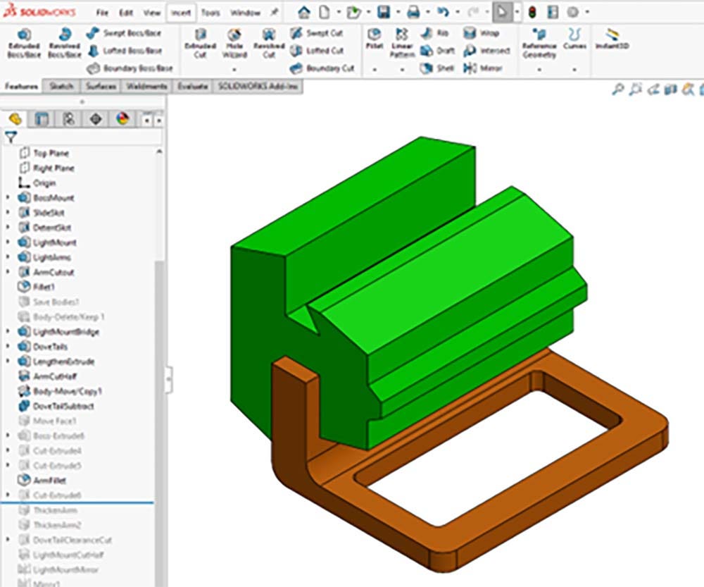 The rollback bar for the SOLIDWORKS 3D model of the bike light adapter is pulled back