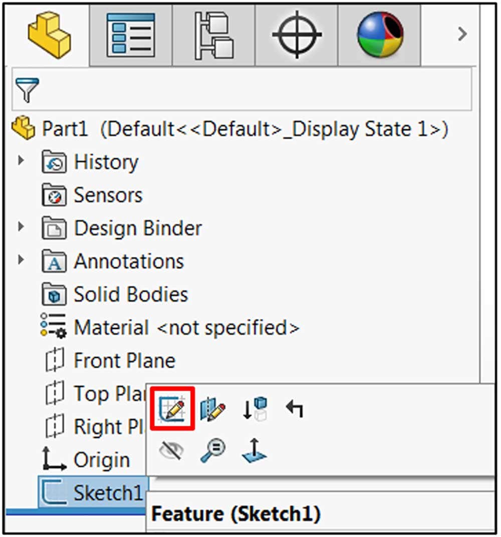 The Edit Sketch icon is highlighted in the FeatureManager design tree on the left side of the screen in SOLIDWORKS for a simple sketch.