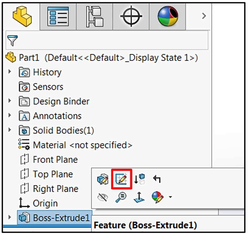 The Edit Sketch icon is highlighted in the FeatureManager design tree on the left side of the screen in SOLIDWORKS for a nested sketch.