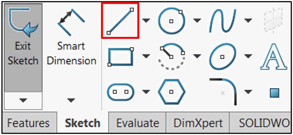 The Line Command is selected from the Sketch tab in the CommandManager menu in SOLIDWORKS.
