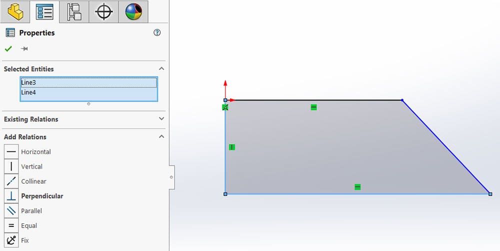 Properties menu highlighting how to add relations and selected entities in SOLIDWORKS.