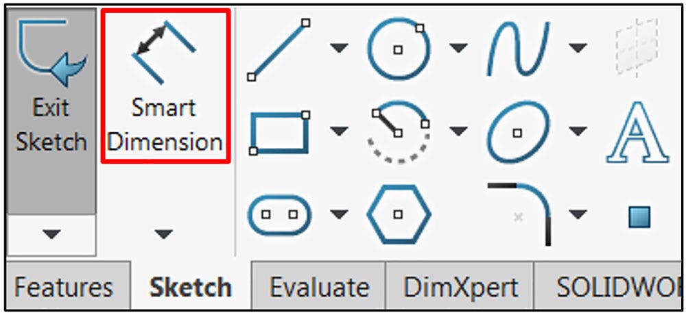 The Smart Dimension option is highlighted, found in the Sketch tab of the CommandManager menu in SOLIDWORKS.