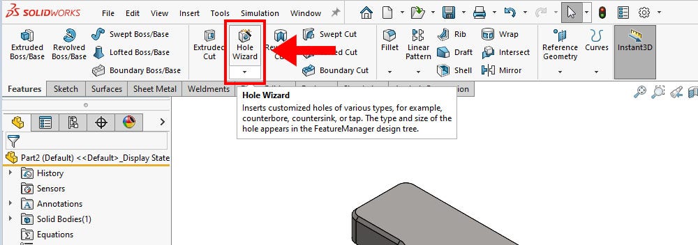 The Hole Wizard tool in SOLIDWORKS 