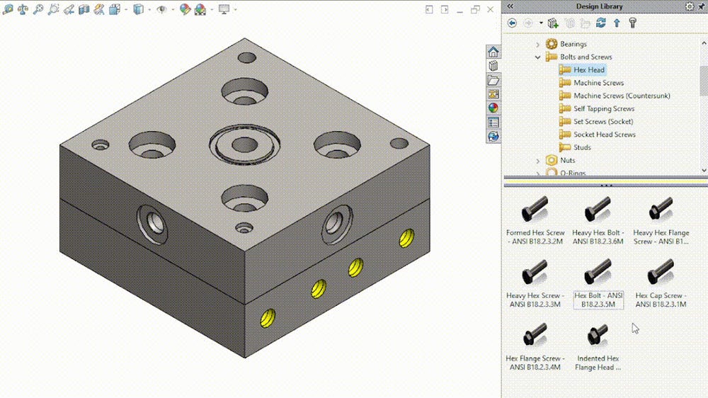 A part with several holes and the SOLIDWORKS Toolbox library with selections of fasteners 