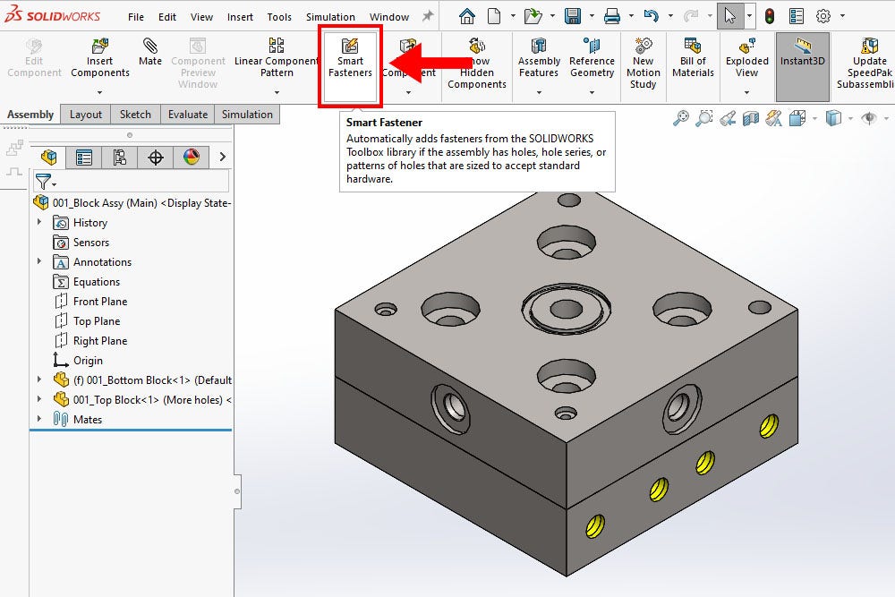 The Smart Fasteners tool in the Assembly tab in SOLIDWORKS 