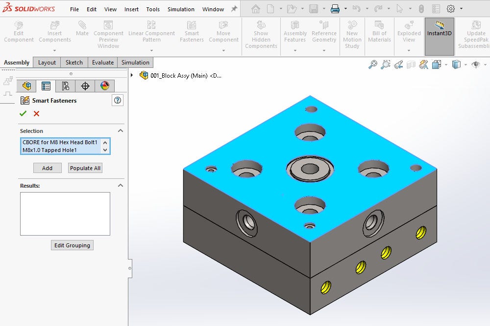 The face of a component in SOLIDWORKS is selected for the Smart Fasteners tool to pick up holes on the face 