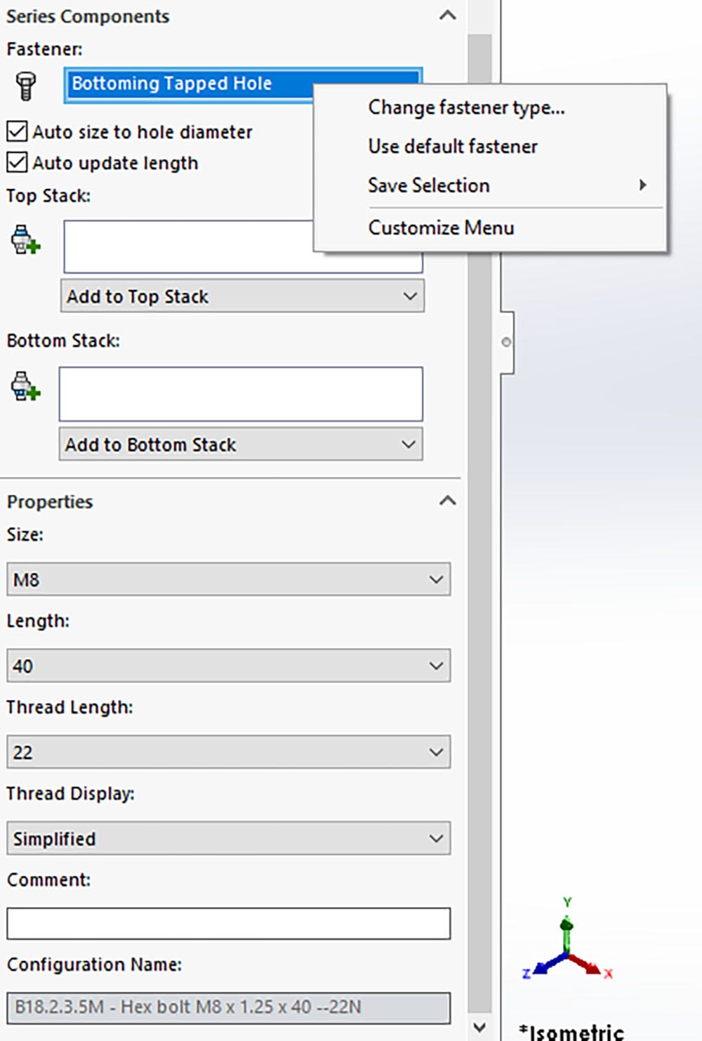 The editing menu option for a fastener group in the Smart Fasteners tool in SOLIDWORKS 
