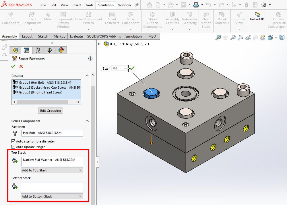 The Top Stack and Botton Stack options in the Smart Fasteners tool in SOLIDWORKS 