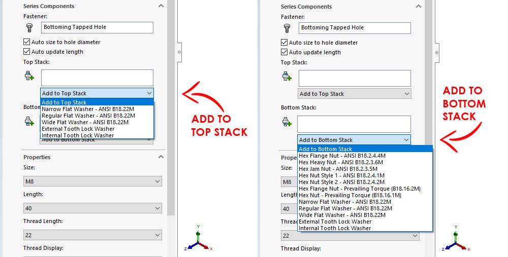 Dropdown menu options for Add to Top Stack and Add to Bottom Stack in the Smart Fasteners tool in SOLIDWORKS 