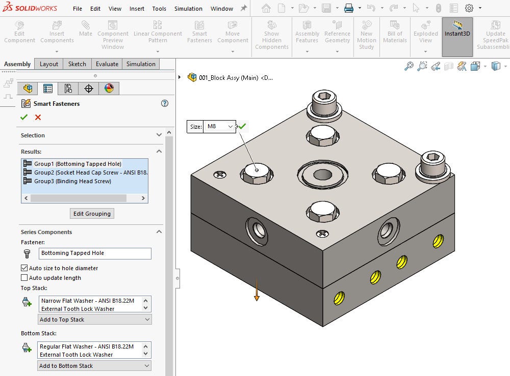 The Smart Fasteners tool added the fasteners to the assembly in SOLIDWORKS 