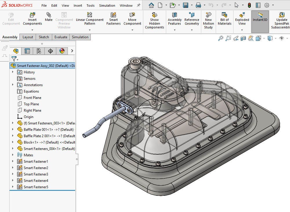 All fasteners are added to assemblies using the Smart Fasteners tool in SOLIDWORKS 