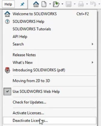 The Deactivate Licenses option is highlighted under the Help menu in SOLIDWORKS.