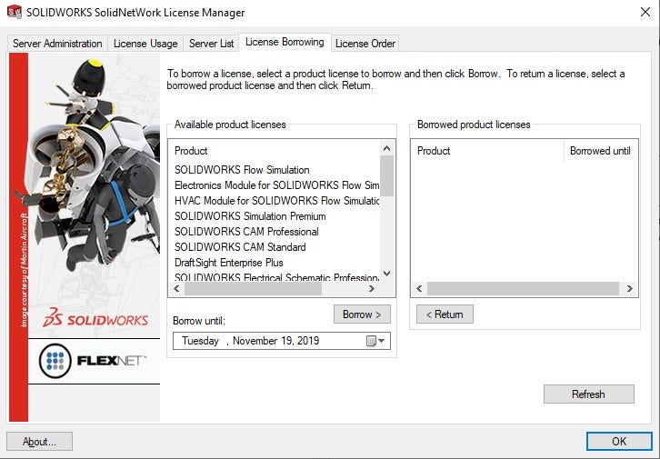 This is the SolidNetWork License Manager dialog window.