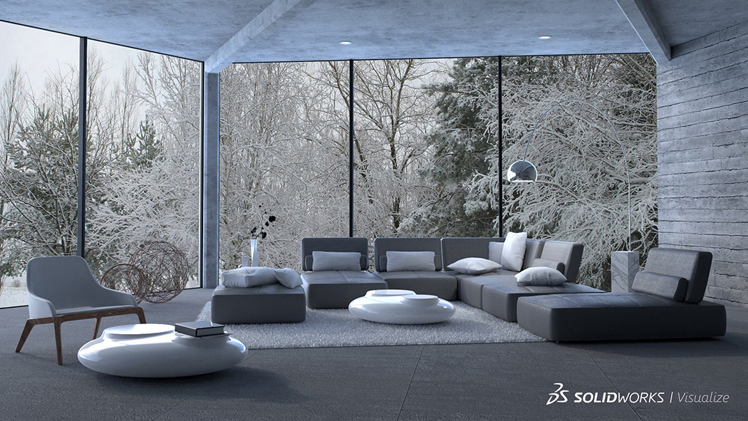 Photo-realistic rendering of building interior using SOLIDWORKS Visualize 