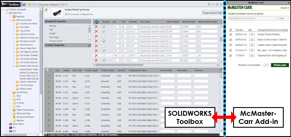 Comparision between the SOLIDWORKS Toolbox and McMaster-Carr add-ins 