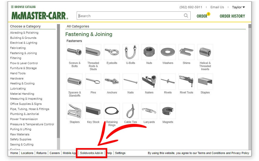 McMaster-Carr's online catalog with SOLIDWORKS Add-In highlighted to show how to download 