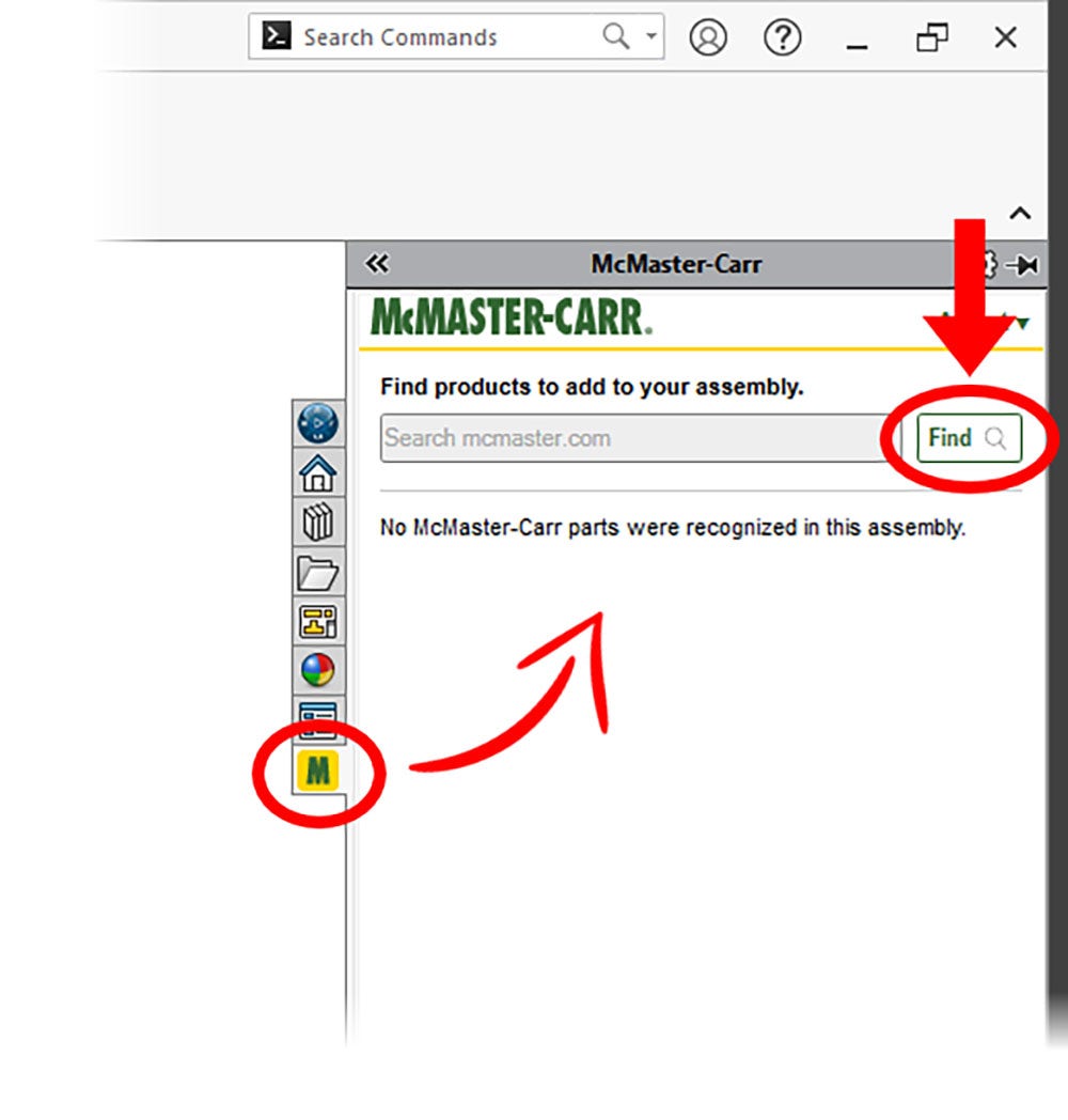 The McMaster-Carr catalog in SOLIDWORKS with the Find button highlighted to order parts 
