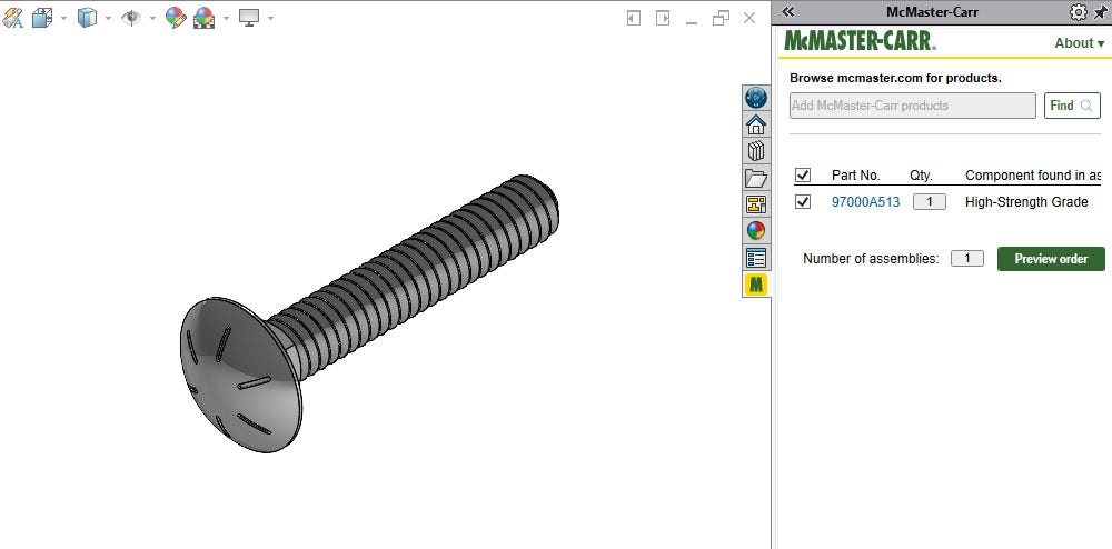 The Task Pane in the McMaster-Carr SOLIDWORKS add-in showing the part order 