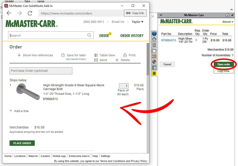 The ordering page in the McMaster-Carr SOLIDWORKS add-in 