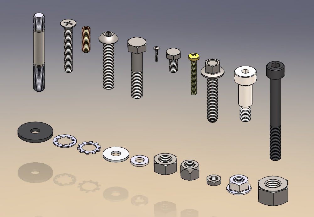 Various types of bolts and nuts in the SOLIDWORKS Toolbox 