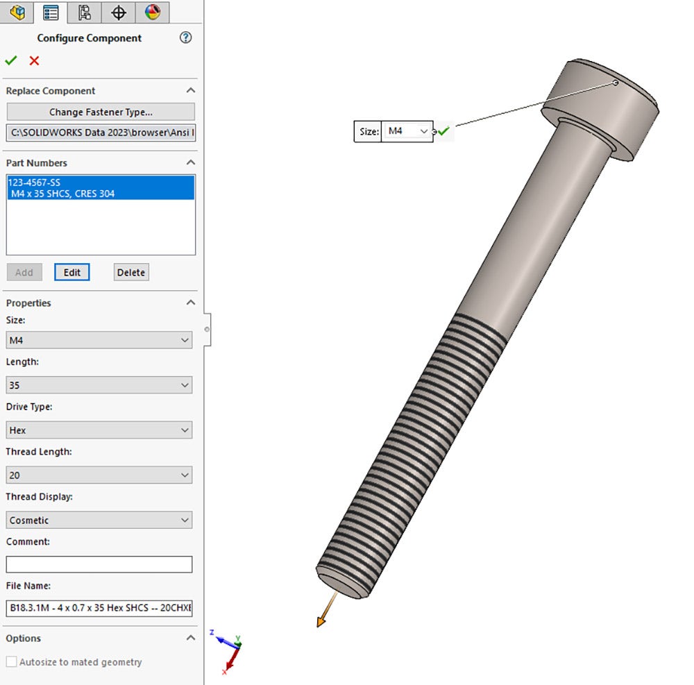 The Configure Component menu with more options to customize a fastener 