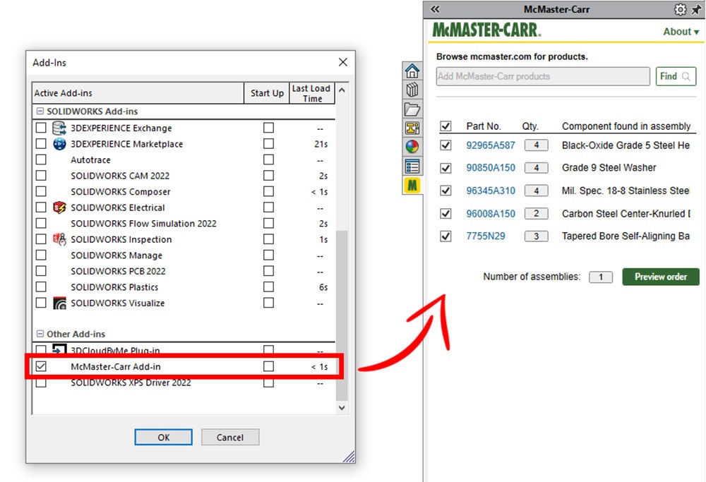 The McMaster-Carr add-in in the Add-In menu in SOLIDWORKS
