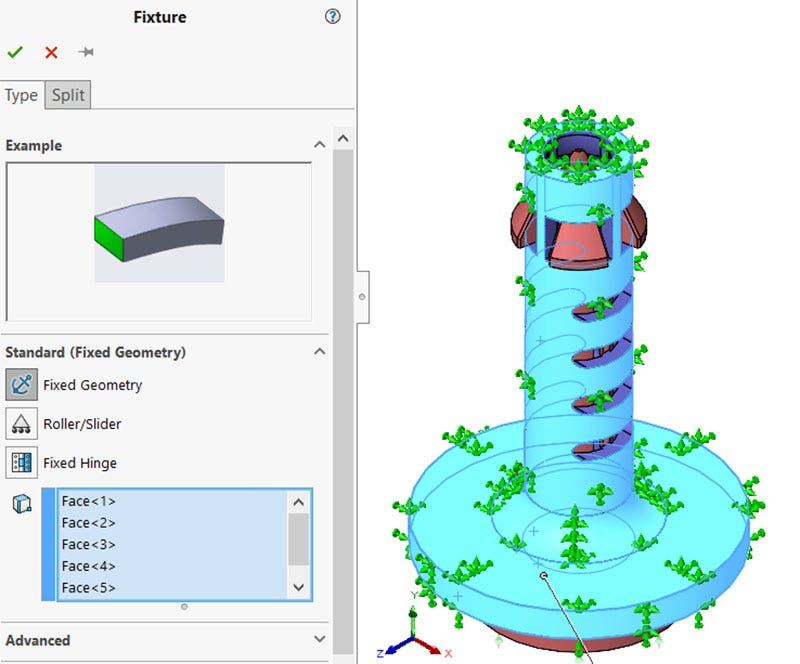 Fixtures used to constrain the model in SOLIDWORKS to reduce degrees of freedom